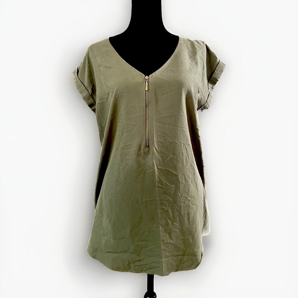 Express - Olive Green Zipper V-Neck Blouse Gold Zipper Lightweight